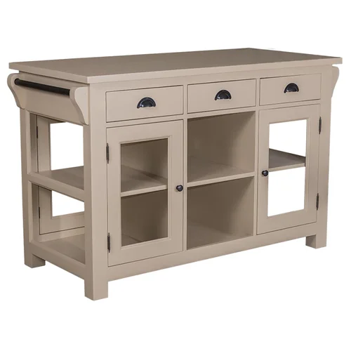 Остров кухонный Брюгге со стеклянными дверьми и выдвижными ящиками, с сосновой столешницей